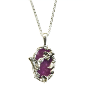 The awe of hummingbirds! Hummingbirds have the unique ability to fly backwards and are said to bring messages from the spirit world. Set in otherworldly purple stone.